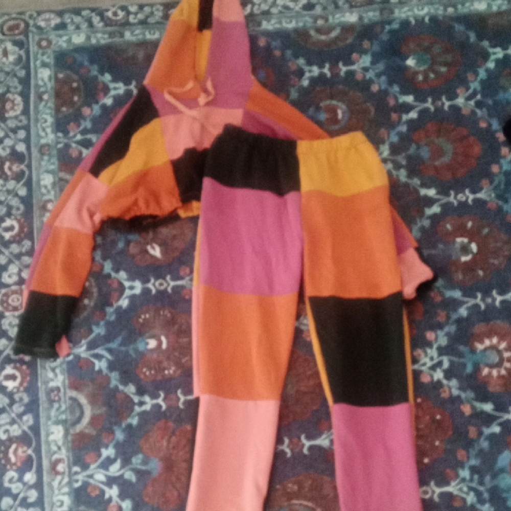Vibrant Pink and Orange Patchwork Jumpsuit with Hood